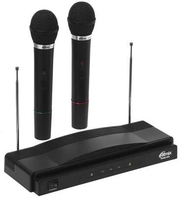 RITMIX RWM-210 {2 микрофона: 87.5 МГц - 92 МГц; раб. частоты: 100 Гц - 10 000 Гц;Чувств.: -30 дБ +/-3 дБ; пит. системы: AC 220 в  / 500 мА}
