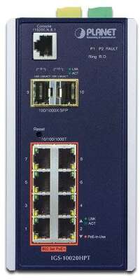коммутатор/ PLANET IP30 L2+ SNMP Manageable 8-Port Gigabit POE+(AT) Switch + 2-Port Gigabit SFP Industrial Switch (-40 to 75 C), ERPS Ring Supported, 1588