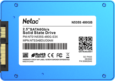 SSD накопитель Netac SSD N535S 480GB 2.5 SATAIII 3D NAND, 7mm, R/W up to 540/490MB/s, TBW 280TB, 5y wty