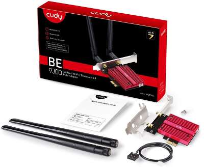 Адаптер беспроводной связи (Wi-Fi) CUDY BE9300 7 PCI Express Adapter 7 Bluetooth 5.4 PCI Express Adapter with Heatsink, Intel BE200 module, Tri-band 2T2R, 5.8Gbps@6Ghz+2.8Gbps@5GHz + 688Mbps@2.4GHz, 802.11be/ax/ac/a/b/g/n, Magnetized antenna base, 2 high 