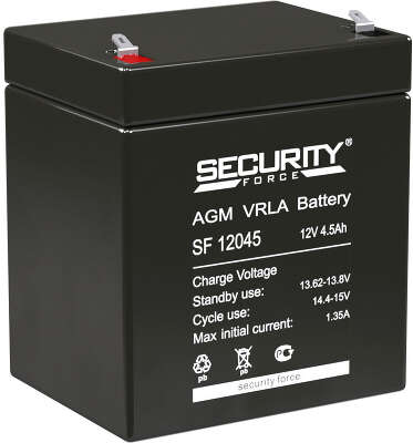 Батарея SECURITY FORCE серия SF, SF 12045, напряжение 12В, емкость 4.6Ач (разряд 20 часов), макс. ток разряда (5 сек.) 60А, макс. ток заряда 1.35А, свинцово-кислотная типа AGM, клеммы F1, ДxШxВ 90х70х101мм., вес кг., срок службы 3-5 лет./ Battery SECURITY