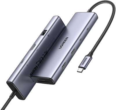 Конвертер UGREEN CM498 (15375) 9-in-1 USB-C to 2*USB3.0+2*USB-C+HDMI+RJ45+SD&TF +PD port Converter. Цвет:серый