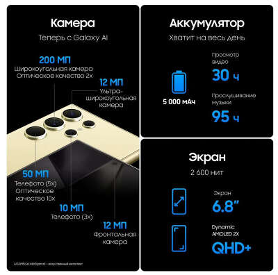 Смартфон Samsung Galaxy S24 Ultra, Snapdragon 8 Gen 3, 12Gb RAM, 256Gb, черный (SM-S9280ZKGTGY)