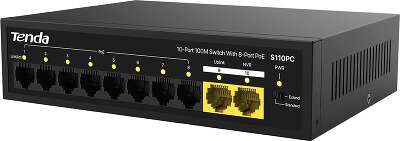 Коммутатор Tenda S110PC Коммутатор неуправляемый PoE, 10 портов 10x100 Мбит/с, PoE 8х до 30 Вт, настольный