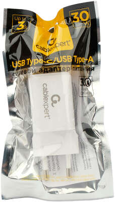 Зарядное устройство Cablexpert MP3A-PC-42, 30Вт GaN, QC3.0/PD, 1хUSB, 1хType-C, белый, пакет