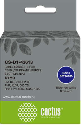 Картридж ленточный Cactus CS-D1-43613 43613 черный на белом 6x7 для Dymo LM 160, 210D, 280, PnP, 420P, 500 TS; Rhino Pro 6000, 5200, 4200