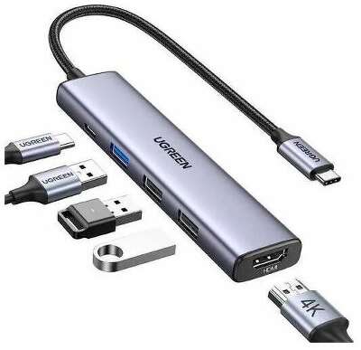 Конвертер UGREEN CM478 (15495) USB-C To HDMI+1xUSB3.0 A+2xUSB2.0 A+PD Power Converter. Цвет: серый