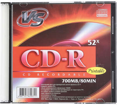 CD-R диск VS 52х 700 Мб Slim Box, Ink Printable (1 шт.)