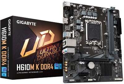 Материнская плата Gigabyte H610M K DDR4, RTL Socket 1700, Intel®H610, 2xDDR4-3200, HDMI, 1xPCI-Ex16, 1xPCI-Ex1, 2xSATA3, 1xM.2, 8Ch Audio, GLan, (4+2)xUSB2.0, (2+2)xUSB3.2, mATX, RTL {10}
