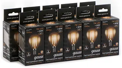 Лампа светодиодная Gauss 7Вт цок.:E14 шар 220B св.свеч.бел.теп. P45 (упак.:10шт) (105801107)