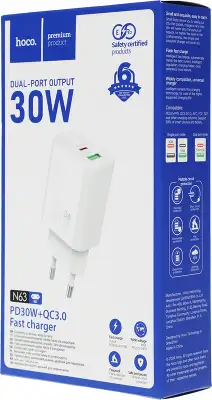 Зарядное устройство Hoco 30Вт, 3А, QC3.0/PD, 1xUSB, 1xType-C, N63, белый, коробка