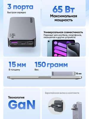 Зарядное устройство UGREEN X753 (25356)Nexode Pro 65W Ultra Slim USB-A+2*USB-C GaN Fast Charger EU. Цвет:серый