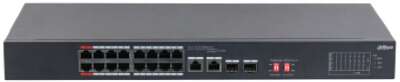 DAHUA DH-S3218-16ET-135 16-портовый неуправляемый коммутатор с РоЕ, 16xRJ45 100Mb, 2хКомбо SFP/RJ45 1Gb uplink, суммарно до 135Вт, коммутация 7.2 Гбит/с, MAC-таблица 8К