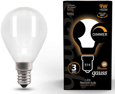 Лампа светодиодная Gauss Filament 105201109-D 9Вт цок.:E14 шар 220B св.свеч.бел.теп. (упак.:10шт)