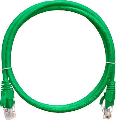 Коммутационный шнур NIKOMAX U/UTP 4 пары, Кат.5е (Класс D), 100МГц, 2хRJ45/8P8C, T568B, заливной, с защитой защелки, многожильный, BC (чистая медь), 24AWG (7х0,205мм), полимерный материал, исполнение кабельного изделия нг(А)-HF, зеленый, 1,5м