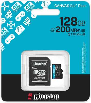 Карта памяти Kingston 128GB microSDXC Canvas Go Plus Gen4 200MB/s A2 U3 V30 Card + ADP/ Kingston 128GB microSDXC Canvas Go Plus Gen4 200MB/s A2 U3 V30 Card + ADP
