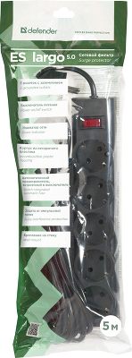 Сетевой фильтр Defender ES largo 5,0 м, черный, 5 розеток (пакет)