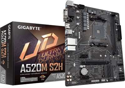 Материнская плата Gigabyte A520M S2H, Socket AM4, AMD A520, 2xDDR4-3200, D-SUB+DVI-D+HDMI, 1xPCI-Ex16, 2xPCI-Ex1, 4xSATA3(RAID 0/1/10), 1xM.2, 8 Ch Audio, GLan, (2+4)xUSB2.0, (4+2)xUSB3.2, 1xPS/2, mATX, RTL {10} (809720)