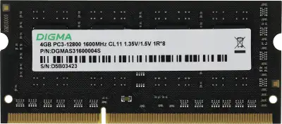 Память DDR3 4GB 1600MHz Digma DGMAS31600004S RTL PC3-12800 CL11 SO-DIMM 204-pin 1.35В single rank Ret