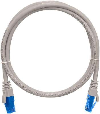 Коммутационный шнур NIKOMAX U/UTP 4 пары, Кат.6 (Класс E), 250МГц, 2хRJ45/8P8C, T568B, заливной, с защитой защелки, многожильный, BC (чистая медь), 24AWG (7х0,205мм), полимерный материал, исполнение кабельного изделия нг(А)-HF, серый, 1,5м