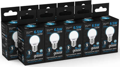 Лампа светодиодная Gauss 105102307 6.5Вт цок.:E27 шар 220B св.свеч.бел.хол. (упак.:10шт)