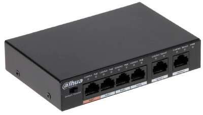 DAHUA DH-PFS3006-4ET-60 4-портовый неуправляемый коммутатор с РоЕ, 4xRJ45 100Mb PoE, 2xRJ45 100Mb uplink, суммарно 60Вт, коммутация 1.8 Гбит/с, MAC-таблица 2К, металл