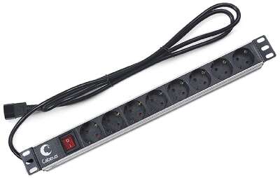 Cabeus  PDU-8P-2IEC  Блок евророзеток для 19" шкафов, горизонтальный, 8 розеток, 10 A, выключатель, алюминиевый корпус, шнур 2 м, вилка IEC 320 C14