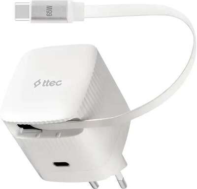 Сетевое зарядное устройство TTEC SmartCharger Duo GAN 65W PD Travel Fast Charger USB-C со встроенным кабелем PD 65W USB-C. Длина кабеля: 70см. Цвет: белый