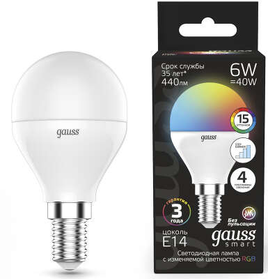 Лампа светодиодная Gauss 105101406 6Вт цок.:E14 шар 220B св.свеч.RGB (упак.:1шт)