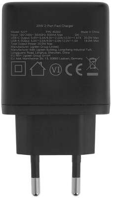 Зарядное устройство UGREEN X227 (45302) 20W USB-A+USB-C PD Charger EU. Цвет: черный