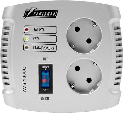 Стабилизатор POWERMAN AVS 1000C, ступенчатый регулятор, 1000ВА/500Вт, 150-280В, максимальный входной ток 8А, 2 евророзетки, IP-20, напольный, 151мм х 126мм х 123мм, 2 кг./ Stabilizer POWERMAN AVS 1000C, step-type regulator, 1000VA / 500W, 150-280V, the ma