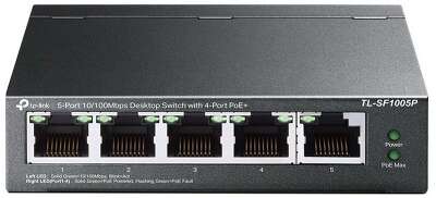 Коммутатор TP-LINK TL-SF1005P 5-портовый 10/100 Мбит/с настольный коммутатор с 4 портами PoE, 5 портов RJ45 10/100 Мбит/с, включая 4 порта PoE, бюджет PoE до 58 Вт, стальной корпус {12} (083199)