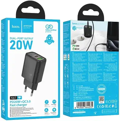 Сетевое зар./устр. Hoco N61 Gentle 20W 3A (PD+QC) USB/USB Type-C универсальное черный (44235)