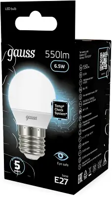 Лампа светодиодная Gauss 6.5Вт цок.:E27 шар 220B св.свеч.бел.нейт. P45 (упак.:10шт) (105102207)