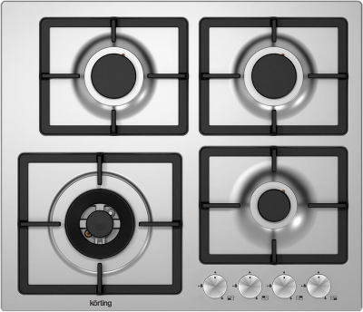 Встраиваемая варочная панель Korting/ Газ, Crystal, 60x51 см, Газовая варочная панель 60 см, 4 высокоэффективные конфорки, WOK- сверхмощная конфорка с тройным рядом пламени, автоматический электроподжиг, газ-контроль каждой конфорки, передние металлически