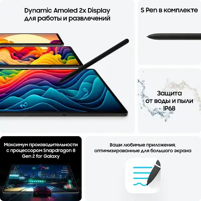 Планшет Samsung Galaxy Tab S9 SM-X716B 8 Gen 2 (3.36) 8C RAM12Gb ROM256Gb 11" AMOLED 2X 2560x1600 5G 1Sim Android 13 графит 13Mpix 12Mpix BT WiFi microSD 1Tb 8400mAh