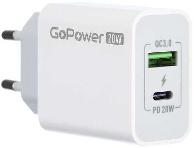 Зарядное устройство 1USB+1TYPE-C 20W QC3.0 00-00028401 WHITE GOPOWER