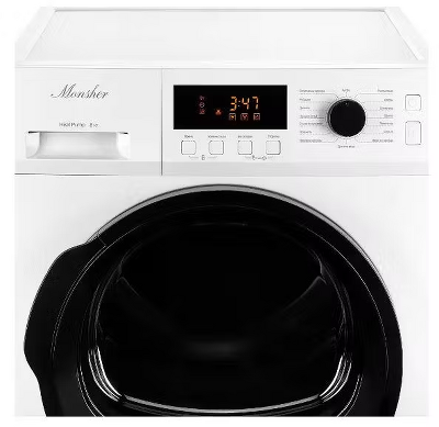 Сушильная машина MONSHER/ Сушильная машина MONSHER, High-Tech, загрузка 8 кг, 16 программ, тепловой насос, подсветка барабана, отсрочка старта, электронное управление, блокировка от детей, энергоэффективность А++, цвет белый