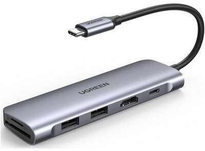 Хаб UGREEN CM195 (70411) 6-in-1 USB-C to 2 Ports USB3.0-A Hub + HDMI + TF/SD with PD. Цвет: серый космос