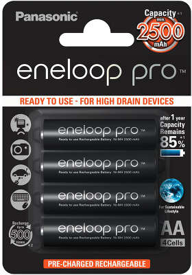 Комплект аккумуляторов AA Panasonic Eneloop Pro BK-3HCDE/4BE, 2500 мАч (4 шт в блистере)