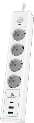 Сетевой фильтр Cablexpert Exnovo EXN-4-CU2-W-2 белый, Макс мощность 2500Вт, 3 розетки 220В, 10А, 2 розетки USB-A 5В, 1 розетка USB-C 30Вт PD, кабель 2м, ур.защиты 4+, коробка