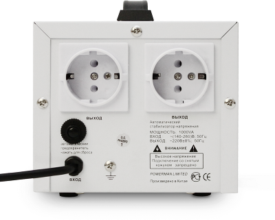 Стабилизатор POWERMAN AVS 1000D, ступенчатый регулятор, цифровые индикаторы уровней напряжения, 1000ВА, 140-260В, максимальный входной ток 7А, 2 евророзетки, IP-20, напольный, 200мм х 150мм х 140мм, 2,3 кг./ Stabilizer POWERMAN AVS 1000D, step-type regula