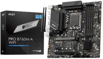 Материнская плата MSI PRO B760M-A WIFI B760, LGA1700, 4*DDR5, 2*PCIEx16, 1*PCIEx1, 2*M.2, 1*TypeC, 2*USB3.2Gen2, 6*USB3.2Gen1, 6*USB2.0, 4*SATA3.0, 2.5G, 2*DP, 2*HDMI, M-ATX, RTL