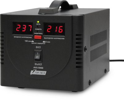 Стабилизатор POWERMAN AVS 500D, черный, ступенчатый регулятор, цифровые индикаторы уровней напряжения, 500ВА, 140-260В, максимальный входной ток 5А, 2 евророзетки, IP-20, напольный, 200мм х 150мм х 140мм, 2,3 кг./ Stabilizer POWERMAN AVS 500D, black, step
