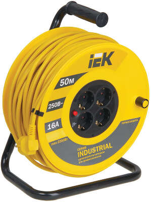 Удлинитель силовой IEK Industrial (WKP15-16-04-50) 3x1.5кв.мм 4розет. 50м ПВС 16A катушка желтый