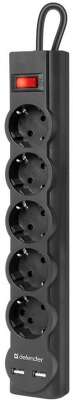 Сетевой фильтр DEFENDER DFS 755 черный (5м, 5 розеток, 10A, 2xUSB) (99755)