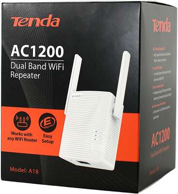 Усилитель Wi-Fi сигнала Tenda A18 Двухдиапазонный усилитель беспроводного сигнала AC1200 2,4/5 ГГц, 1167 Мбит/с, внешние антенны 2х2dBi, 1x100Мбит/с