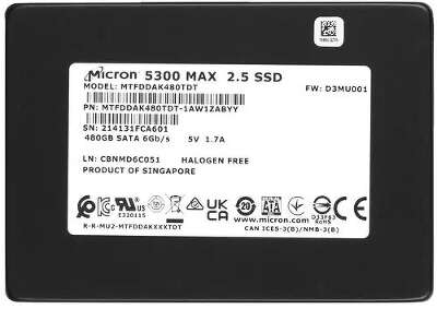 Твердотельный накопитель 2.5" SATA3 480Gb Micron 5300 MAX (MTFDDAK480TDT-1AW1ZABYY) (SSD) OEM