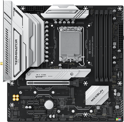 Материнская плата MAXSUN MS-Terminator B860M WIFI, LGA1851, B860, 4*DDR5, 4*SATA3, 3*M.2, USB 3.2, USB 2.0, Type-C, 1*PCIEx16, 1*PCIex4, 1*PCIex1, HDMI+DP, mATX