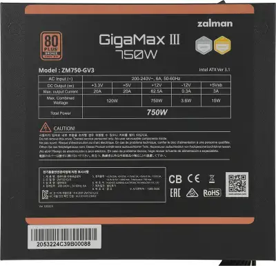 Блок питания Zalman ATX 750W ZM750-GV3 Gen.5 80+ bronze (20+4pin) APFC 120mm fan 6xSATA RTL